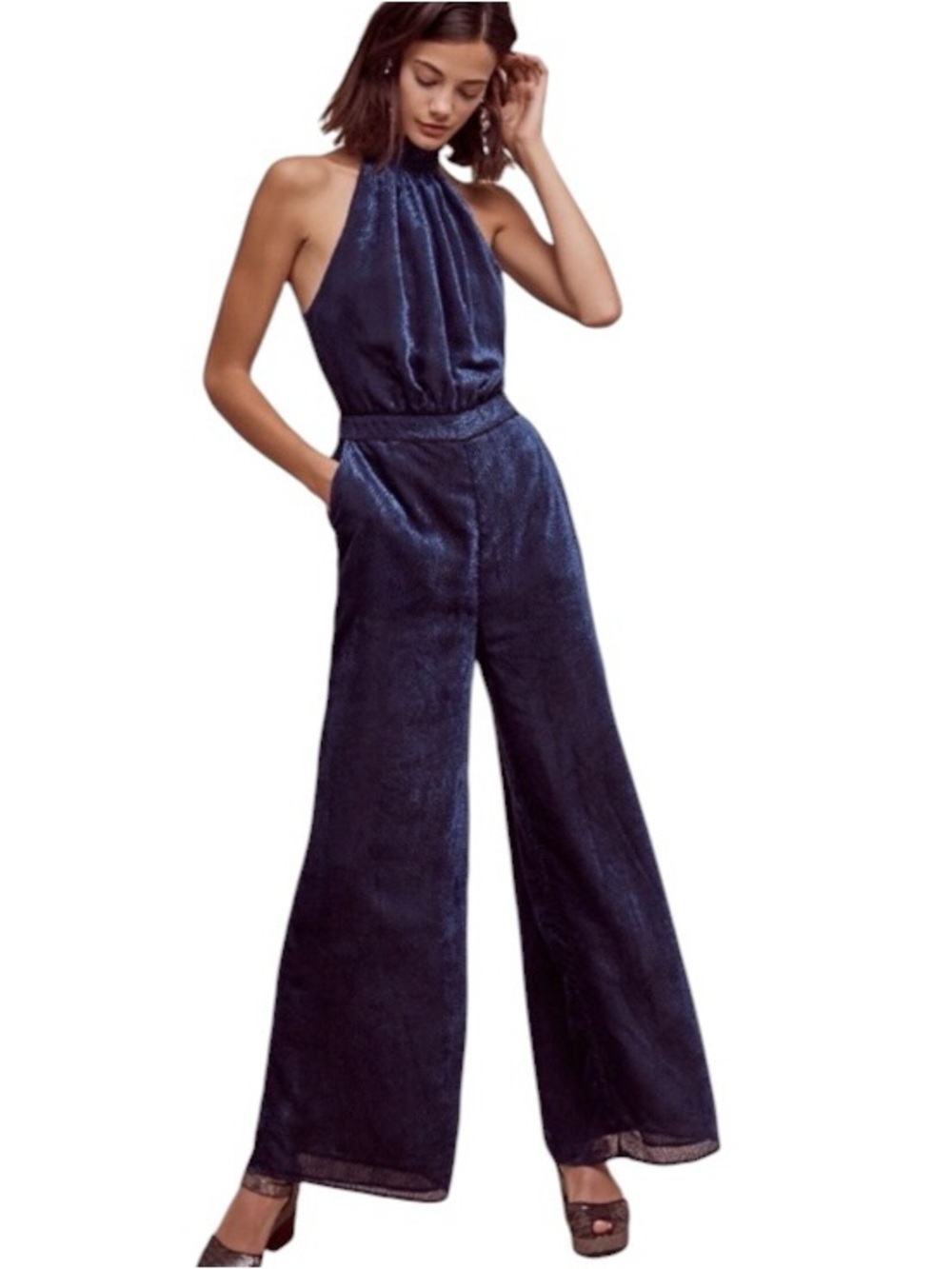 Anthropologie Elevenses Velvet Nova Jumpsuit in Navy Size 0P